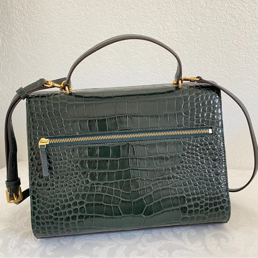 Tory Burch deep green croc 2 way bag
